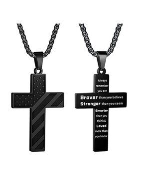 American Flag Cross Necklace for Men Stainless Steel Box Chain 22+2 inch